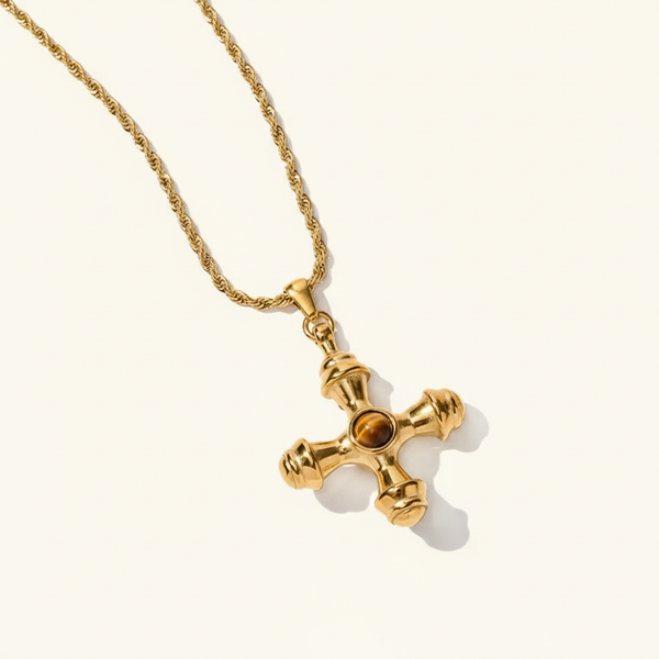 Baroque Valkyrie Cruz Pendant | 18K Gold PVD Stainless Steel | Waterproof Tiger's Eye Statement Necklace