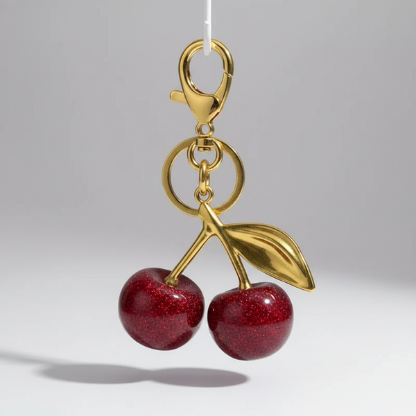 Cerise Cherry Bag Charm | 18K Gold & Silver Stainless Steel | Glitter Cherry Keychain Accent