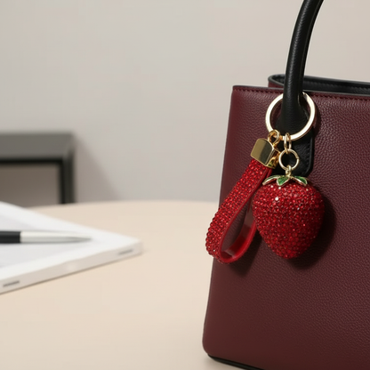 Sparkling Strawberry Bag Charm | Gold Plated Crystal Keychain | Rhinestone Fruit Purse Accent