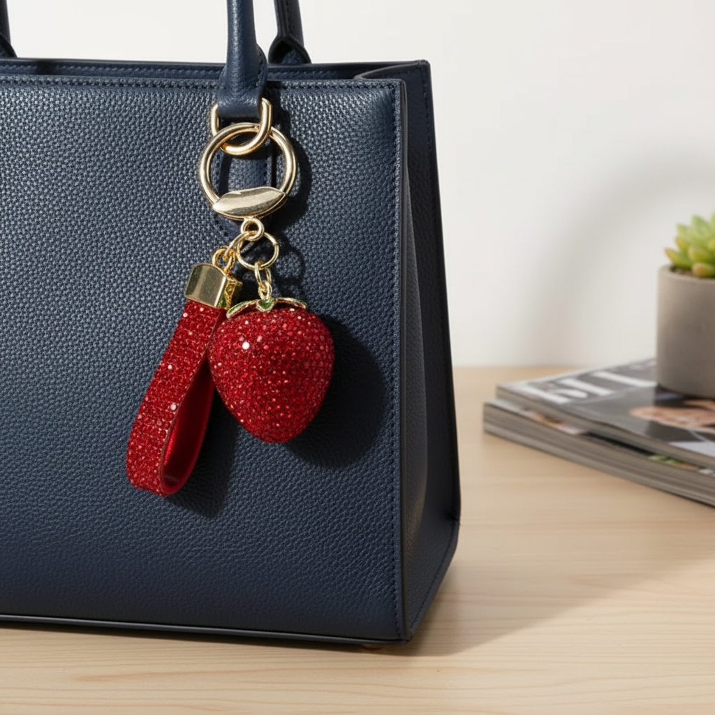 Sparkling Strawberry Bag Charm | Gold Plated Crystal Keychain | Rhinestone Fruit Purse Accent
