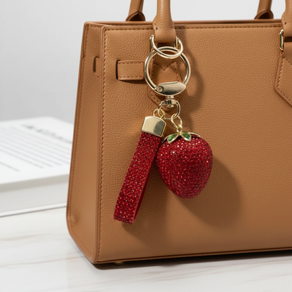 Sparkling Strawberry Bag Charm | Gold Plated Crystal Keychain | Rhinestone Fruit Purse Accent
