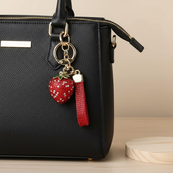 Sparkling Strawberry Bag Charm | Gold Plated Crystal Keychain | Rhinestone Fruit Purse Accent