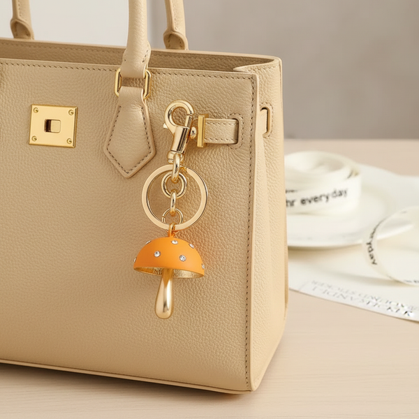 Enchanted Mushroom Bag Charm | 18K Gold PVD Stainless Steel | Crystal Shroom Purse Accent