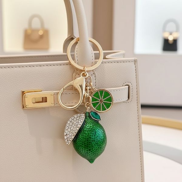 Citrus Grove Bag Charm | 18K Gold PVD Stainless Steel | Textured Fruit & Crystal Leaf Purse Accent