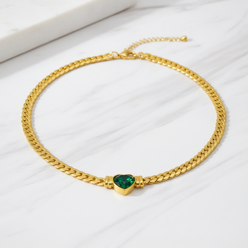 Amour Cuban Link Choker | 18K Gold Plated Flat Curb Chain | Heart Gemstone Statement Necklace
