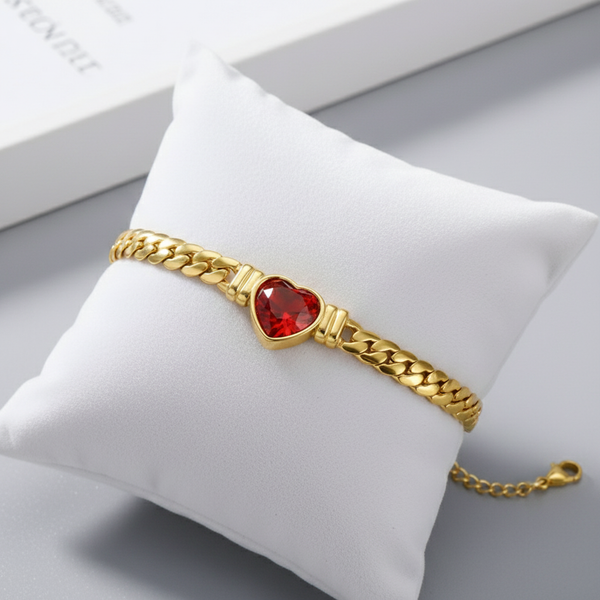 Amour Cuban Link Bracelet | 18K Gold Plated Flat Curb Chain | Heart Gemstone Statement Wristwear