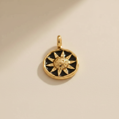 Mystic "Solstice" Sun Coin Charm | 18K Gold PVD Stainless Steel | Waterproof Midnight Enamel Celestial Pendant