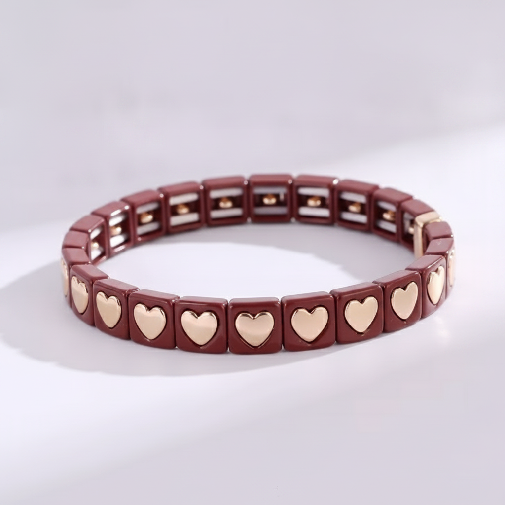 Playful "Amour" Tila Stretch Bracelet | Smooth Color-Block Enamel | Stackable Metallic Heart Bead Bracelet