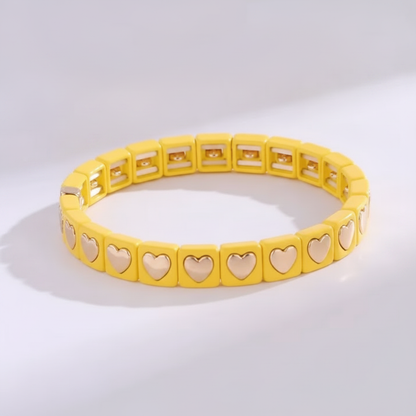 Playful "Amour" Tila Stretch Bracelet | Smooth Color-Block Enamel | Stackable Metallic Heart Bead Bracelet