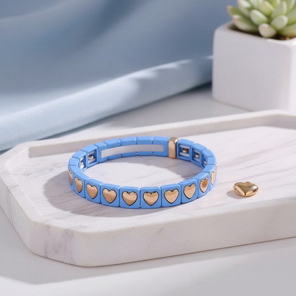 Playful "Amour" Tila Stretch Bracelet | Smooth Color-Block Enamel | Stackable Metallic Heart Bead Bracelet