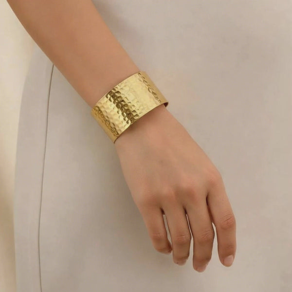 Artemis The Dimpled Wide Cuff | 18K Gold PVD Stainless Steel | Waterproof Brushed Hammered Bangle