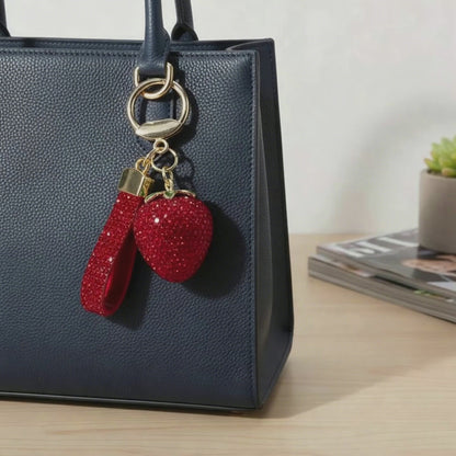 Sparkling Strawberry Bag Charm | Gold Plated Crystal Keychain | Rhinestone Fruit Purse Accent