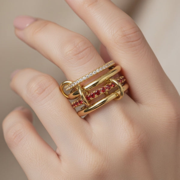 Ethereal Guinevere Stacked Ring | 18K Gold PVD Stainless Steel | Waterproof Dark Red Gemstone Bands